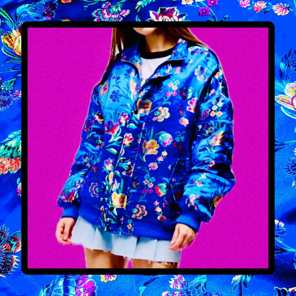 AKIRA Ollie Blue Metallic Floral Brocade Bomber Jacket XL NWT STUNNING!
